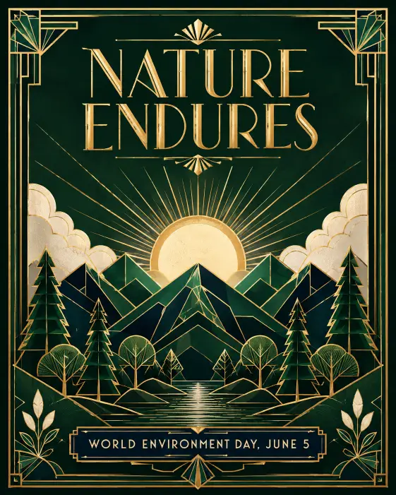 Create an art deco style poster for World Environment Day with a symmetrical composition featuring a stylized sun rising over geometric mountains and trees. The illustration uses gold linework on a deep forest green background. At the top, place elegant art deco lettering reading "Nature Endures". At the bottom, smaller geometric type reads "World Environment Day, June 5". The design includes ornamental gold borders, sunburst patterns, and clean line symmetry. Use a rich palette of emerald green, gold, ivory, and deep navy. Use aspect ratio 4:5.