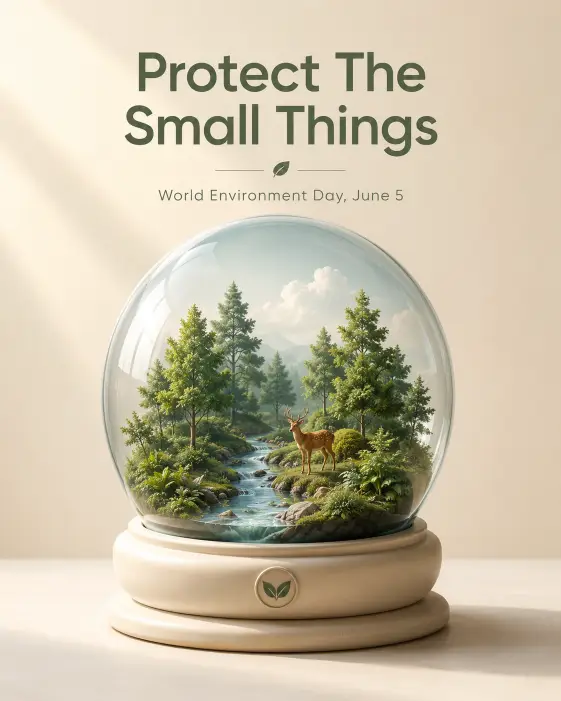 Create a clean 3D render poster for Environment Day showing a floating glass dome containing a tiny green forest, a small river, and a single deer figure inside. The dome sits on a soft cream pedestal. Soft natural light hits it from the upper left, casting a gentle shadow. Above the dome in modern sans-serif text, place the headline "Protect The Small Things". Below, smaller text reads "World Environment Day, June 5". Use a soft minimal color palette of cream, sage green, glass blue, and warm beige. The background is a smooth gradient cream wall. Use aspect ratio 4:5.