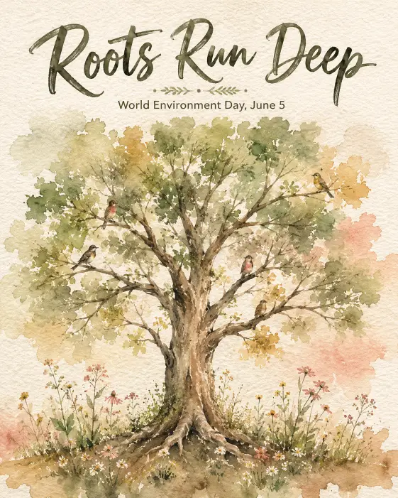 Create a watercolor illustration poster for World Environment Day featuring a tall tree with sprawling branches, painted in loose flowing watercolor strokes. Birds rest on the branches and small wildflowers grow at the base. The colors gently bleed into each other. At the top in handwritten brush calligraphy, place the text "Roots Run Deep". Below, smaller printed text reads "World Environment Day, June 5". Use a soft watercolor palette of sage, ochre, dusty pink, and soft brown. The background is a textured watercolor paper with visible grain. Use aspect ratio 4:5.