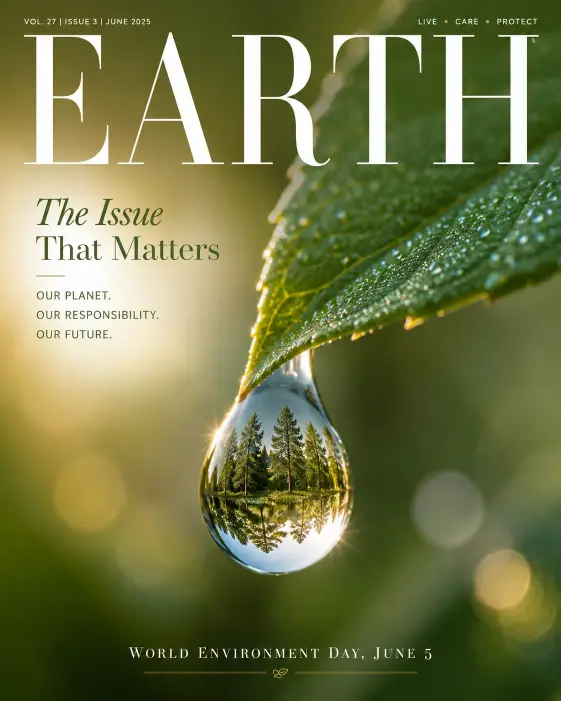 Create an editorial magazine cover style poster for Environment Day with a large close-up photograph of a single dewdrop hanging from a green leaf. The dewdrop reflects a tiny inverted forest inside it. Overlay bold serif typography at the top reading "EARTH" in oversized letters, with smaller stylized text reading "The Issue That Matters". At the bottom, fine print reads "World Environment Day, June 5". Use a fresh natural color palette of dewy green, soft white, and morning gold. The composition mimics a real magazine cover with refined typography hierarchy. Use aspect ratio 4:5.