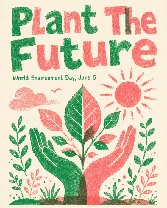 Create a risograph print style poster for World Environment Day showing layered illustrations of hands holding leaves, a sun, and small plants. The artwork uses two overlapping ink colors that create a third color where they overlap. At the top in chunky hand-drawn text, place the headline "Plant The Future". Below, smaller text reads "World Environment Day, June 5". Use a duotone risograph palette of bright leaf green and warm coral pink on cream paper. Add subtle grain, slight misregistration, and ink texture for authentic riso feel. Use aspect ratio 4:5.