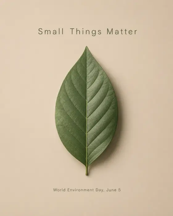 Create a minimalist hero poster for Environment Day showing a single green leaf placed perfectly in the center of the canvas, casting a soft natural shadow. The background is a smooth muted beige. Above the leaf, place small refined sans-serif text reading "Small Things Matter". Below the leaf, smaller text reads "World Environment Day, June 5". The lighting is soft and even like a product photograph. Use a quiet color palette of muted green, sand beige, and soft shadow gray. The whole design feels calm, premium, and intentional. Use aspect ratio 4:5.