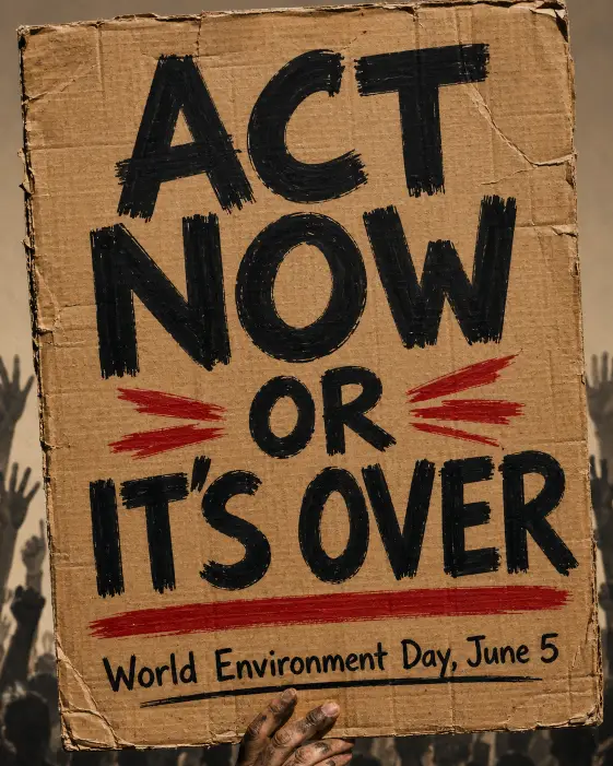 Create an activist protest poster style design for World Environment Day. The poster looks like a hand-painted cardboard sign with thick black marker lettering that reads "ACT NOW OR IT'S OVER" in bold uppercase letters. Below the main text, in smaller hand-drawn letters, it reads "World Environment Day, June 5". The cardboard background has visible texture, scuffs, and creases. Around the sign, faint silhouettes of raised hands appear at the edges. Use a raw color palette of cardboard brown, black marker, and one bold accent of red. The mood is urgent and powerful. Use aspect ratio 4:5.