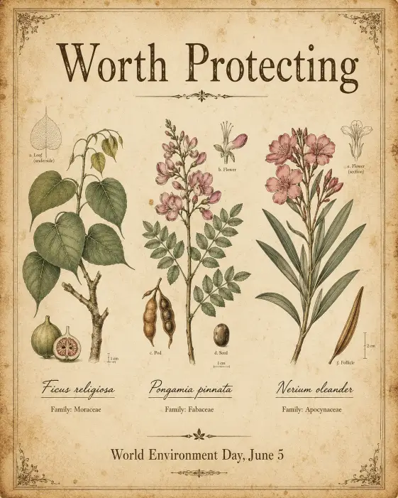 Create a botanical catalog style poster for Environment Day featuring detailed vintage scientific illustrations of three different plants arranged in a row, each labeled with handwritten Latin names. The drawings have fine linework and subtle hand-painted color washes. At the top in classic serif type, place the headline "Worth Protecting". At the bottom, smaller text reads "World Environment Day, June 5". The background is aged cream paper with light coffee stains and faded edges. Use a botanical palette of muted green, sepia brown, dusty rose, and parchment cream. Use aspect ratio 4:5.