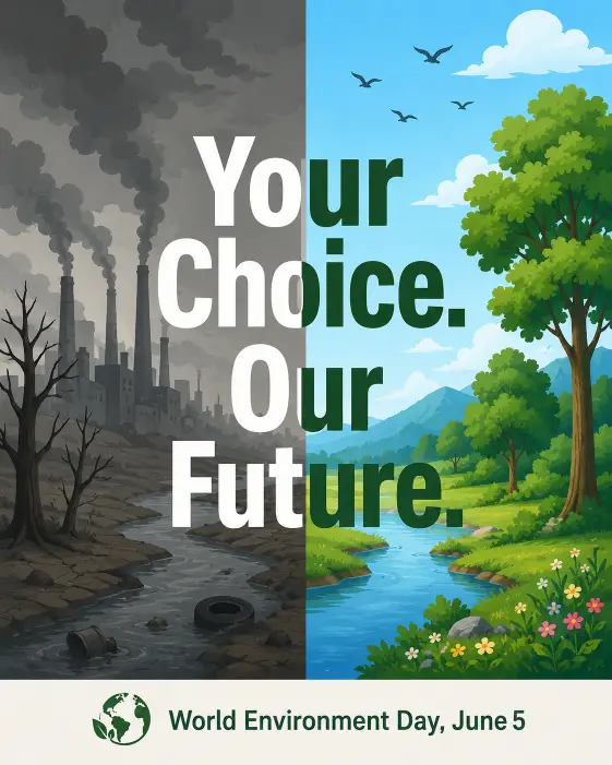 Create a split composition poster for World Environment Day divided vertically down the middle. The left side shows a polluted gray landscape with smoking factories, dead trees, and a dark sky. The right side shows the same landscape but green and alive with healthy trees, blue sky, and birds flying. Across the center of the poster, bold sans-serif text reads "Your Choice. Our Future." Below the image, smaller text reads "World Environment Day, June 5". Use contrasting palettes of ash gray on the left and vibrant green and blue on the right. The illustration style is flat with clean lines. Use aspect ratio 4:5.