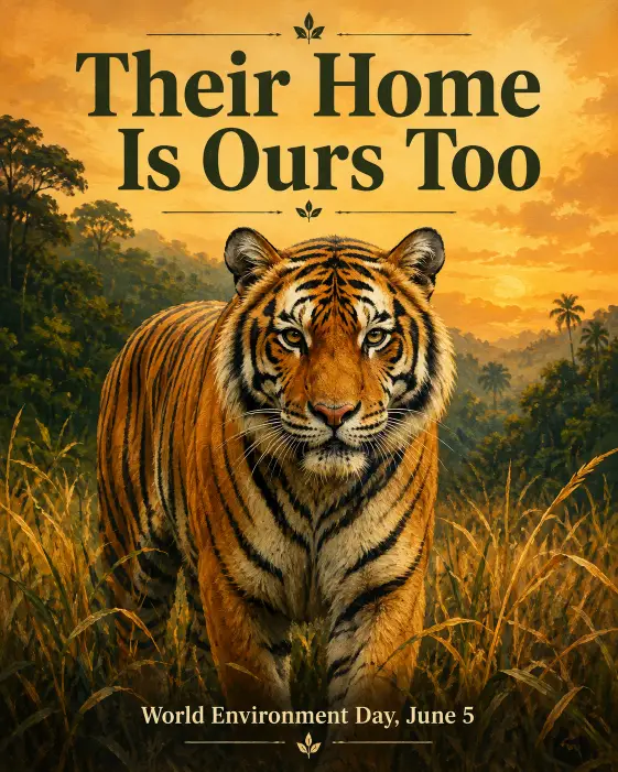 Create a poster for Environment Day featuring a large detailed illustration of a single endangered animal, a Bengal tiger, standing in tall grass and looking directly at the viewer. The artwork is done in a semi-realistic painterly style with rich brush textures. Above the tiger, bold serif text reads "Their Home Is Ours Too". Below, smaller text reads "World Environment Day, June 5". The background is a soft jungle scene fading into a warm amber sky. Use a natural wildlife palette of tiger orange, deep jungle green, golden grass, and warm sky tones. Use aspect ratio 4:5.
