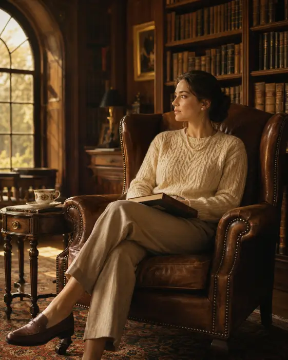 Create a photo of a young woman sitting in a wingback leather armchair inside a wood-paneled family library, one leg crossed over the other and a hardback book resting in her lap. She is wearing a cream cable-knit cashmere sweater, beige wool trousers, and brown leather loafers with a single strand of pearls around her neck. Her hair is pulled back into a low, neat bun. The camera is at eye level, slightly to the side. Soft golden afternoon light filters through tall arched windows, lighting up rows of leather-bound books behind her and a small antique side table holding a porcelain tea cup. Warm amber tones, film-style color grading. Use aspect ratio 4:5.