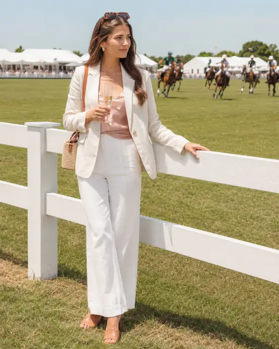 Create a photo of a young woman standing at the edge of a polo field watching a match, one hand holding a glass flute of champagne and the other lightly resting on the white wooden fence. She is wearing a fitted ivory linen blazer, a soft pink silk camisole, white wide-leg trousers, and tan leather mules with a small straw bag over her shoulder. Her hair is styled in loose waves with oversized tortoiseshell sunglasses on top of her head. The camera is at eye level, capturing her from a three-quarter angle. The background shows polo players on horseback in motion, green grass, and white tents under a clear blue sky. Bright natural daylight with creamy soft color grading. Use aspect ratio 4:5.