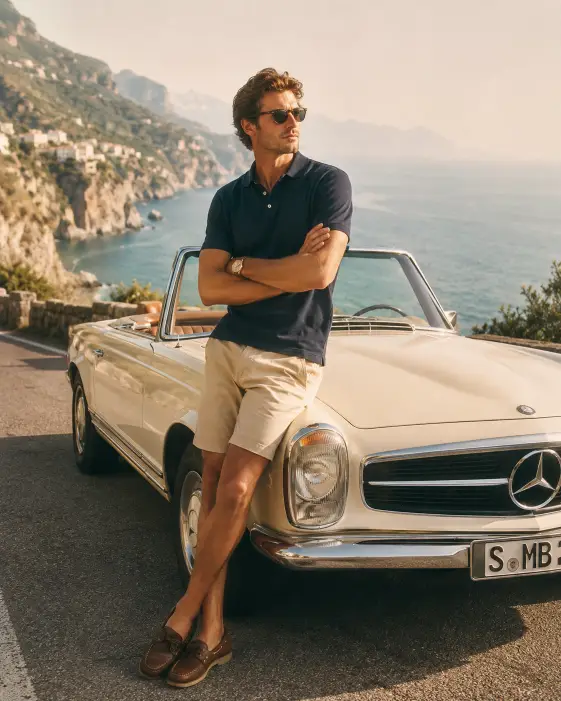 Create a photo of a man leaning against the side of a cream-colored 1970s Mercedes 280SL convertible parked on a winding coastal road. He is wearing a navy cotton polo shirt, beige chino shorts, brown boat shoes, and a vintage gold watch on his left wrist. His arms are loosely crossed and he is looking off into the distance with a calm expression. The camera is positioned at hip height, slightly angled upward. The background shows a deep blue Mediterranean coastline with cliffs and a hazy horizon. Sunlight is warm and slightly overexposed, giving the photo a vintage film feel. Soft pastel tones throughout. Use aspect ratio 4:5.