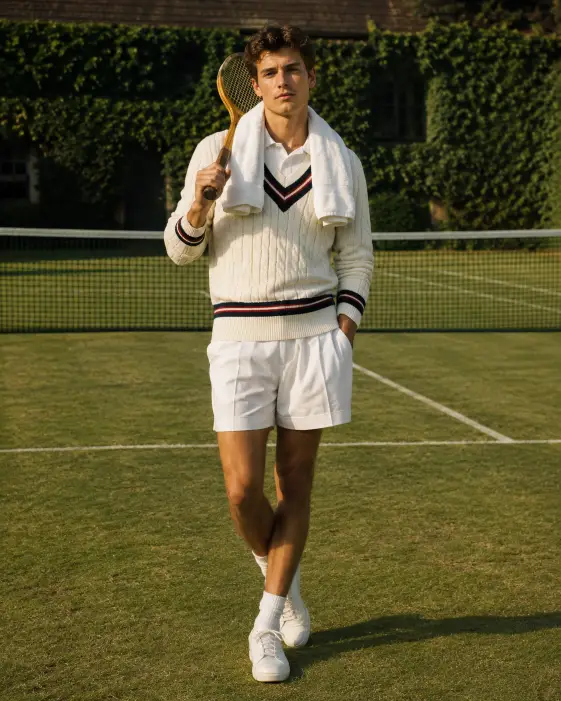 Create a photo of a young man standing on a grass tennis court holding a wooden vintage tennis racket over his shoulder, one foot slightly in front of the other in a relaxed stance. He is wearing a white cable-knit tennis sweater with navy and red trim over a white polo shirt, white pleated tennis shorts, and white leather sneakers. A white towel is draped around his neck. The camera is at eye level, capturing him head-on. The background shows a well-kept grass court with a green net, ivy-covered walls in the distance, and soft afternoon sunlight. Crisp daylight tones with a slight vintage film treatment. Use aspect ratio 4:5.
