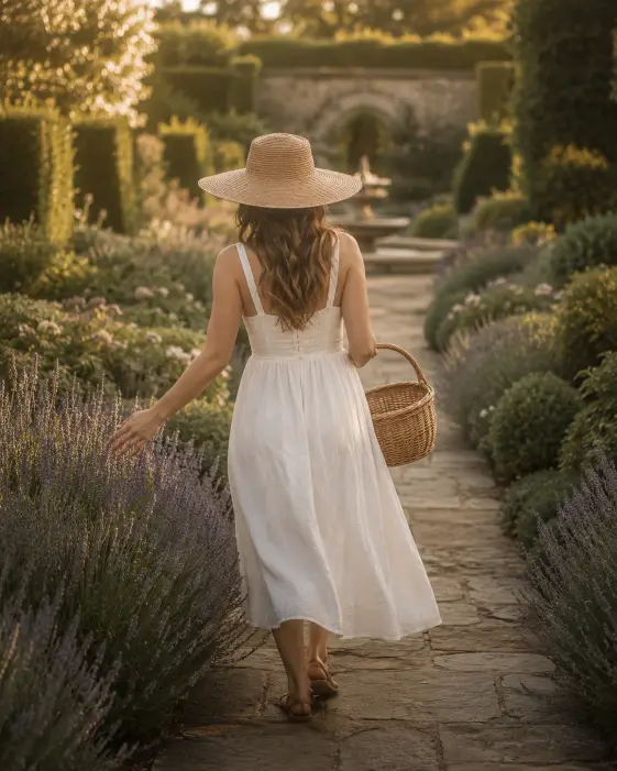 Create a photo of a woman walking down a stone path through a manicured English garden, her hand lightly grazing the tops of tall lavender bushes. She is wearing a flowing white linen midi dress with a square neckline, a wide-brimmed straw hat, and tan leather sandals. A small wicker basket hangs from her arm. The camera is at waist height, capturing her from behind as she walks toward a stone fountain in the distance. Soft late afternoon golden light filters through tall hedges on either side. Warm pastel tones, dreamy soft focus. Shot with an 85mm lens. Use aspect ratio 4:5.