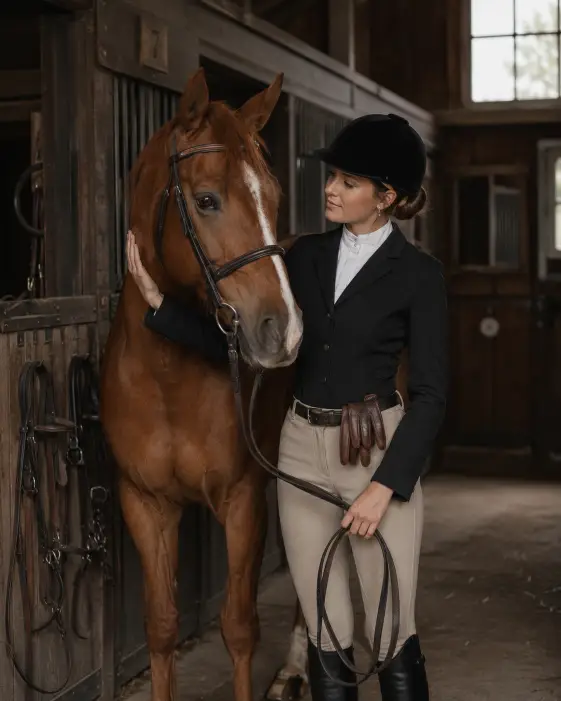 Create a photo of a young woman standing next to a chestnut horse inside a stable, one hand gently resting on the horse's neck and the other holding the leather reins. She is wearing a fitted black equestrian show jacket over a white ratcatcher shirt, beige jodhpurs, tall black leather riding boots, and brown leather gloves tucked into her belt. Her hair is in a low bun under a black velvet riding helmet. The camera is at eye level, slightly to the side. The background shows wooden stable doors, hanging bridles, and soft natural light coming through a high window. Muted earthy tones with a film-style finish. Use aspect ratio 4:5.