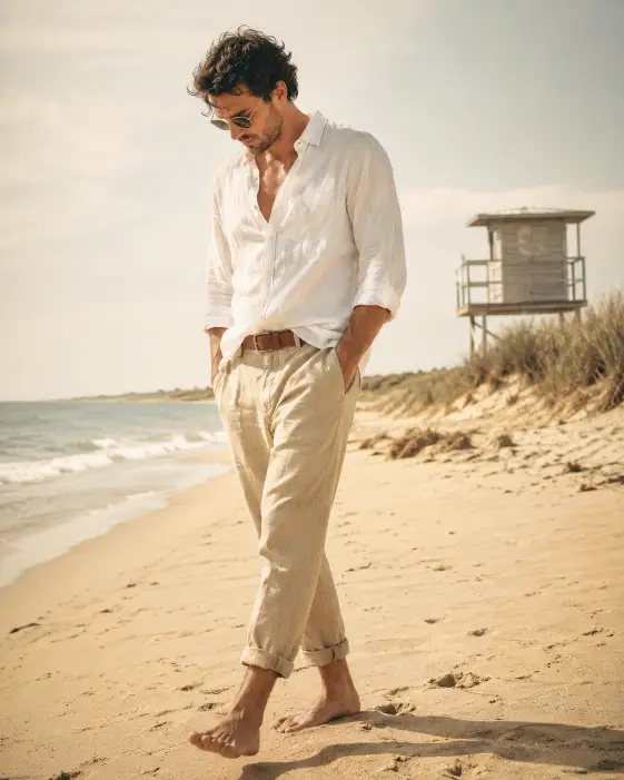 Create a photo of a man walking along a quiet beach with his hands tucked into his pockets, looking down at the sand. He is wearing a loose white linen button-down shirt half-tucked into beige linen trousers rolled at the ankle, no shoes, and a brown leather belt. A pair of round tortoiseshell sunglasses sits on his nose. The camera is at hip height, capturing him from a low side angle. The background shows soft golden sand, pale blue ocean waves, dune grass, and a faded wooden lifeguard tower in the distance. Warm pastel tones, slightly overexposed for that vintage film look. Use aspect ratio 4:5.