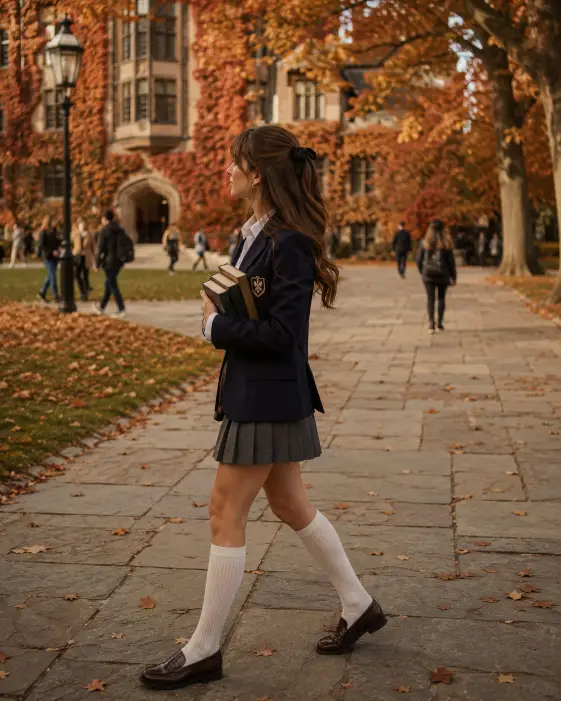 Create a photo of a young woman walking across an Ivy League campus quad with a small stack of hardback books held against her chest. She is wearing a navy blazer with a small school crest, a white button-down shirt, a pleated grey wool mini skirt, knee-high white socks, and dark brown leather loafers. Her hair is in a half-up style with a black ribbon bow. The camera is at eye level, slightly behind her, capturing her mid-step. The background shows old stone buildings covered in autumn ivy, large oak trees with orange leaves, and other students blurred in the background. Warm autumn tones with cinematic color grading. Shot with a 35mm lens. Use aspect ratio 4:5.