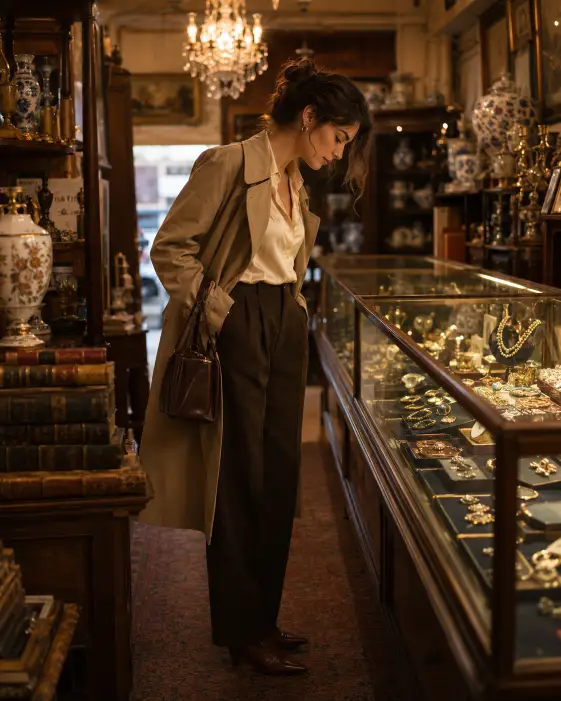Create a photo of a woman standing inside a softly lit antique shop, leaning over a glass display case to look at vintage jewelry. She is wearing a beige trench coat over a cream silk blouse, dark brown wool trousers, and brown leather pointed-toe boots. A small leather handbag hangs from her arm and she has on small gold hoop earrings. The camera is at eye level, capturing her from a side angle. The background shows wooden shelves filled with old porcelain, brass candlesticks, dusty leather-bound books, and a vintage chandelier overhead. Warm amber lighting with deep brown and cream tones, slight haze for atmosphere. Use aspect ratio 4:5.