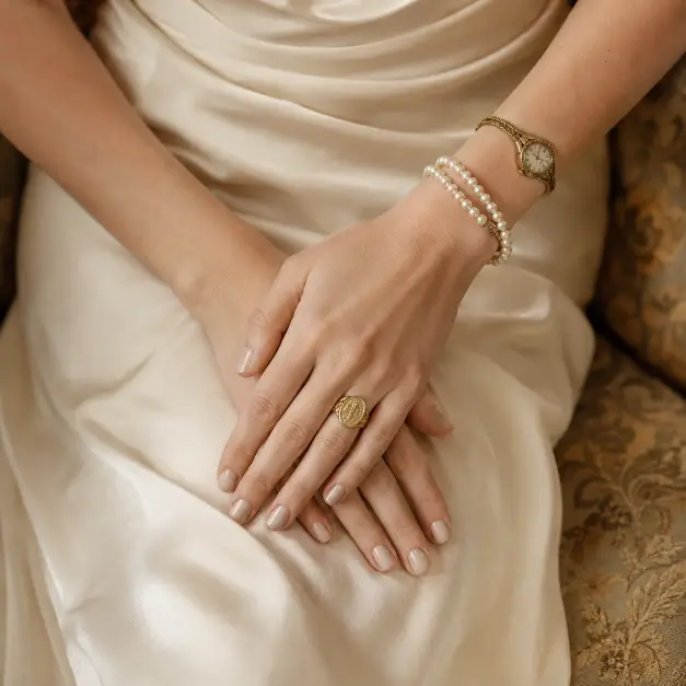 Create a close-up photo of a woman's hands resting gracefully on the lap of a cream silk dress, showing off a vintage gold signet ring, a strand of pearl bracelets, and a small antique gold watch. Her nails are short with a soft beige polish. The camera is positioned overhead, looking straight down at her hands. The background shows the texture of the silk dress and a small portion of an antique velvet sofa. Soft natural window light from the side creates gentle shadows. Warm cream and gold tones, editorial styling. Shot with a 100mm macro lens. Use aspect ratio 1:1.