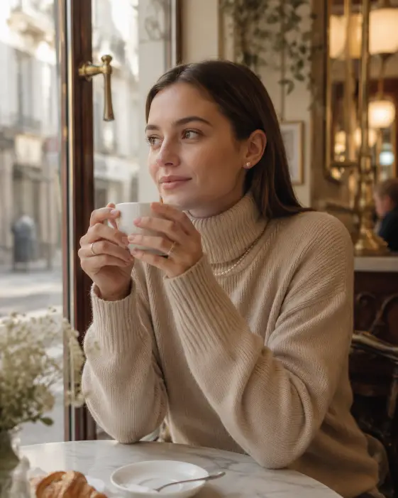 Create a photo of a young woman sitting at a small marble cafe table by a window, both hands cupped around a porcelain coffee cup. She is wearing an oatmeal cashmere turtleneck sweater, a small strand of pearls visible above the neckline, and her hair tucked behind her ears with small pearl earrings. The camera is at eye level, capturing her from a slight three-quarter angle. The background shows a softly blurred Parisian cafe interior with brass fixtures, hanging plants, and warm morning light coming through the window. Cream and soft beige tones throughout, film-style finish. Shot with an 85mm lens, shallow depth of field. Use aspect ratio 4:5.