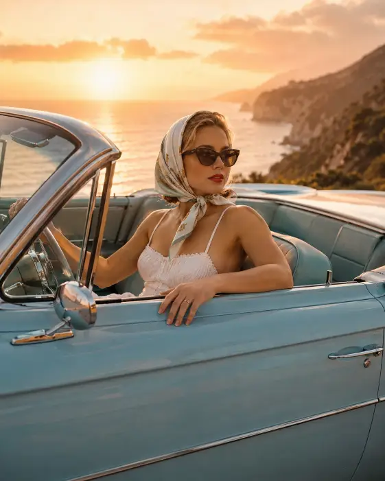 Create a photo of a woman sitting in the driver's seat of a vintage powder blue convertible parked on a cliffside overlook, one hand on the steering wheel and the other resting on the door frame. She is wearing a white cotton sundress with thin straps, oversized cat-eye sunglasses, a silk headscarf tied under her chin, and red lipstick. The camera is positioned outside the car at eye level, capturing her from the side. The background shows a glowing orange and pink sunset over the ocean with soft cliffs in the distance. Warm golden hour light, slightly overexposed for a vintage Riviera feel. Use aspect ratio 4:5.