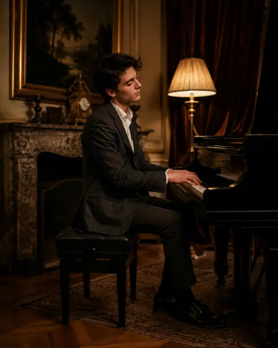 Create a photo of a young man sitting at a grand black piano in a softly lit drawing room, his hands resting lightly on the keys and his head slightly tilted as if listening to the music. He is wearing a charcoal grey wool blazer, a white button-down shirt with the top button open, dark grey trousers, and polished black leather oxford shoes. The camera is at eye level, capturing him from a side angle. The background shows heavy velvet curtains, a marble fireplace, a large oil painting above the mantel, and a single brass floor lamp casting warm light. Deep amber and brown tones, cinematic lighting. Shot with a 50mm lens. Use aspect ratio 4:5.
