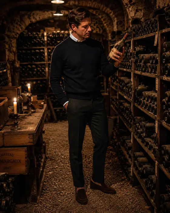 Create a photo of a man standing in an underground stone wine cellar, holding a dusty bottle of vintage wine in one hand and inspecting the label closely. He is wearing a navy cashmere sweater over a white button-down shirt with the collar showing, dark wool trousers, and brown suede loafers. His hair is neatly side-parted. The camera is at eye level, capturing him from a three-quarter angle. The background shows stone walls lined with hundreds of wine bottles in wooden racks, a few candles lit on a small wooden table, and warm dim lighting overhead. Deep amber and brown tones with rich shadows, cinematic atmosphere. Use aspect ratio 4:5.