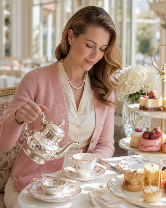 Create a photo of a woman seated at a formal afternoon tea service in a sunlit conservatory, gently pouring tea from a silver teapot into a delicate porcelain cup. She is wearing a soft pink wool cardigan over a cream silk blouse, a pearl necklace, and small diamond stud earrings. Her hair is styled in a low side-parted wave. The camera is at table level, slightly to the side. The background shows a fully set table with a tiered cake stand of pastries, fresh white flowers in a crystal vase, and tall windows letting in soft pastel light. Cream, pink, and gold tones throughout. Shot with a 50mm lens. Use aspect ratio 4:5.