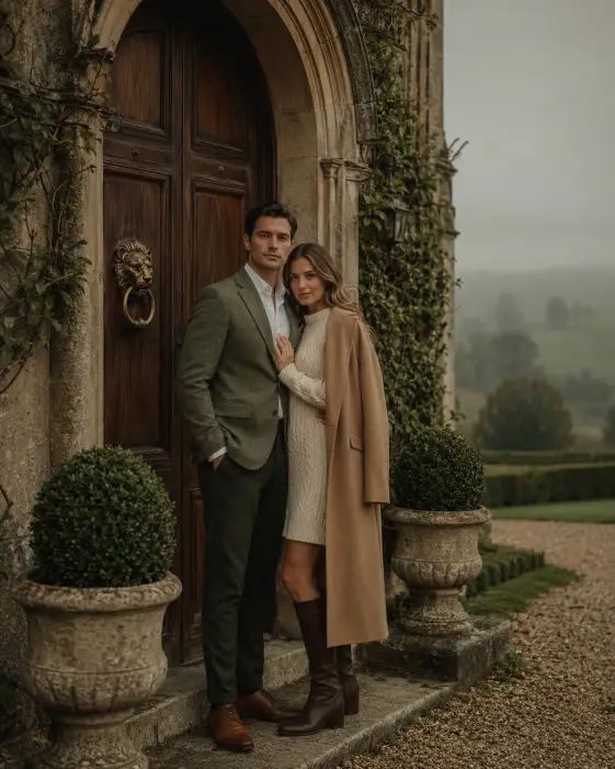 Create a photo of a couple standing at the grand wooden doorway of an old stone country estate, the man with his arm gently around the woman's waist and the woman with one hand resting on his chest, both looking calmly at the camera. He is wearing a green tweed blazer, a white shirt, dark green wool trousers, and brown leather brogues. She is wearing a cream cable-knit sweater dress, brown knee-high boots, and a long camel wool coat draped over her shoulders. The camera is at eye level, capturing them from a slight distance. The background shows ivy-covered stone walls, a brass door knocker, two stone planters with topiaries, and a foggy morning English countryside. Muted earthy tones, soft cinematic light. Use aspect ratio 4:5.
