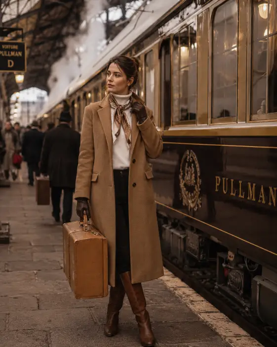 Create a photo of a woman standing on an old European train platform next to a vintage Pullman carriage, one hand holding the handle of a tan leather suitcase and the other adjusting the collar of her coat. She is wearing a long camel wool coat over a white turtleneck, dark brown leather gloves, slim dark trousers, and tall brown leather boots. A silk scarf is tied loosely around her neck. The camera is at eye level, capturing her from a three-quarter angle with the train behind her. The background shows steam rising from the train, brass details on the carriage, a wrought iron station roof, and other travelers blurred in the distance. Warm cinematic tones with a soft film grain. Shot with a 50mm lens. Use aspect ratio 4:5.