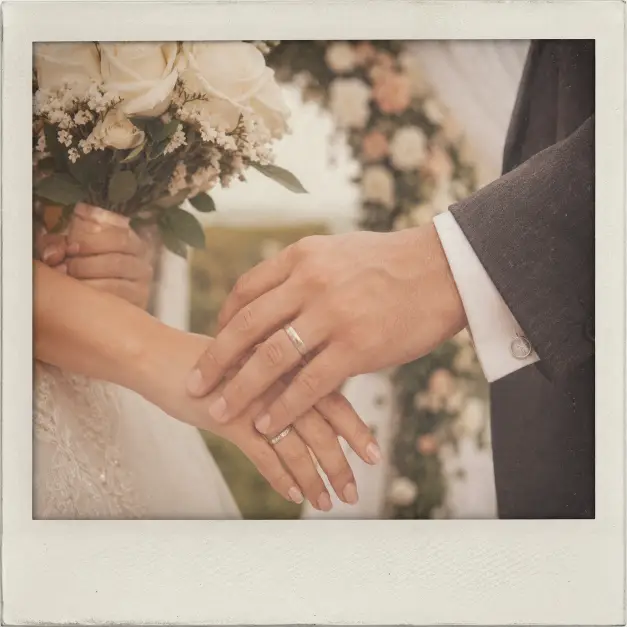Create a Polaroid-style close-up wedding photo of a bride and groom holding hands at the altar, both wedding bands clearly visible on their fingers. The bride's hand has soft pink manicured nails and she holds a small bouquet of white roses, and the groom wears a charcoal suit sleeve with a silver cufflink. The background shows a blurred floral arch in cream and blush tones. The camera is angled down at the hands in a tight close-up. Soft diffused light fills the frame, with a warm faded color tone, light film grain, and a white Polaroid border. Use aspect ratio 1:1.