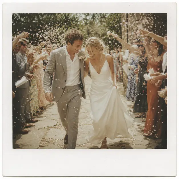 Create a Polaroid-style wedding photo of a bride and groom walking together as guests throw confetti over them, both laughing with their heads slightly tilted toward each other. The bride is in a flowing A-line satin gown holding her dress up slightly, and the groom is in a light grey suit with the jacket unbuttoned. They are mid-stride on a stone pathway lined with smiling guests. The camera is at eye level capturing motion in the confetti. Bright natural daylight with a vintage warm tint, soft film grain, slight motion blur, and a white Polaroid border. Use aspect ratio 1:1.