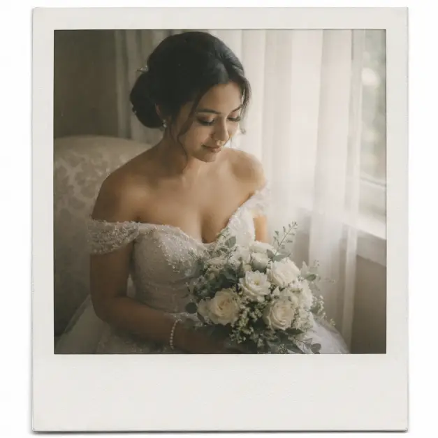 Create a Polaroid-style wedding photo of a bride sitting alone near a window in soft natural light, looking down at her bouquet with a calm, thoughtful expression. She is wearing an off-shoulder ivory gown with delicate beading and a simple pearl bracelet, her hair styled in a low elegant bun. The background shows sheer white curtains and a faint glow from outside. The camera is at eye level in a medium close-up. Gentle window light creates a soft mood, with a muted vintage color palette, fine film grain, and a thick white Polaroid border. Use aspect ratio 1:1.