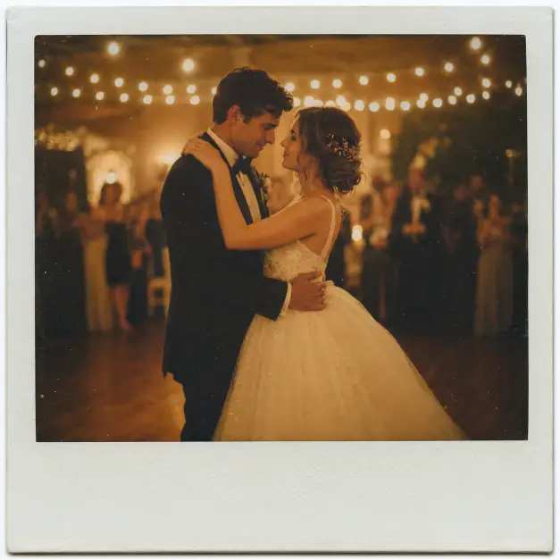 Create a Polaroid-style wedding photo of a bride and groom sharing their first dance, the groom's hand on the bride's waist and her arm resting on his shoulder as they look into each other's eyes. The bride wears a flowing tulle ballgown and the groom is in a black tuxedo with a bow tie. They are surrounded by soft glowing string lights and a blurred dance floor. The camera is at eye level with a slightly low angle. Warm golden lighting with gentle bokeh, a faded vintage tone, visible film grain, and a white Polaroid border. Use aspect ratio 1:1.