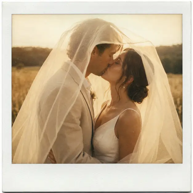 Create a Polaroid-style wedding photo of a bride and groom sharing a kiss with the bride's sheer veil draped around both of them like a soft frame. The bride is in a sleeveless silk gown and the groom wears a beige linen suit. They are standing in an open field with tall grass and a hazy treeline behind them. The camera is at eye level in a medium close-up shot. Warm late afternoon sunlight glows through the veil, creating a dreamy haze, with a faded vintage tint, soft film grain, and a white Polaroid border. Use aspect ratio 1:1.