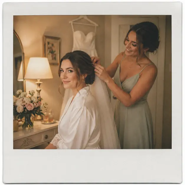 Create a Polaroid-style wedding photo of a bride getting ready, sitting at a vanity while a bridesmaid adjusts her veil from behind. The bride is wearing a white silk robe with her gown hanging on the wall behind her, and her makeup is soft and natural. The room has warm lamp light and a few flowers on the vanity table. The camera is at eye level in a medium shot. Soft indoor lighting with a cozy warm tone, gentle film grain, slightly faded colors, and a white Polaroid border. Use aspect ratio 1:1.