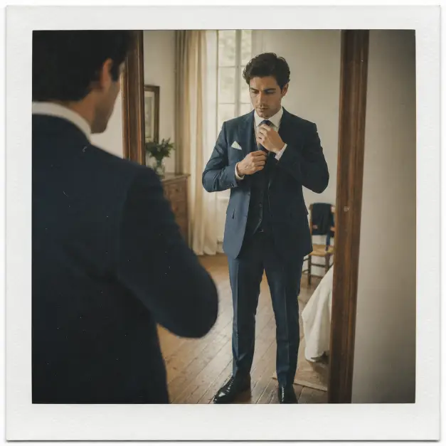 Create a Polaroid-style wedding photo of a groom standing in front of a mirror adjusting his tie, looking slightly down with a focused expression. He is wearing a tailored dark blue three-piece suit with a white pocket square and polished black shoes. The room behind him has soft natural light from a tall window and simple wooden furniture. The camera is at eye level in a medium shot. Soft daylight with a vintage muted tone, light film grain, and a thick white Polaroid border. Use aspect ratio 1:1.