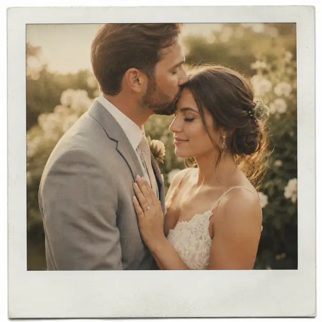 Create a Polaroid-style wedding photo of a groom kissing the bride's forehead while she closes her eyes and smiles softly, her hands resting on his chest. The bride wears a delicate lace gown with thin straps and the groom is in a soft grey suit. They are standing in a garden with blurred white flowers and warm greenery behind them. The camera is at eye level in a close-up shot. Warm golden hour light wraps around them, with a faded vintage color tone, soft film grain, and a white Polaroid border. Use aspect ratio 1:1.