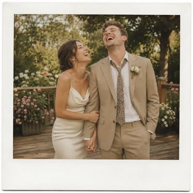 Create a Polaroid-style wedding photo of a bride and groom laughing together with their heads tilted back, the groom holding the bride's hand as she leans slightly toward him. The bride is in a fitted satin gown and the groom wears a tan suit with a loosened tie. They are standing on a wooden deck with a soft blurred garden behind them. The camera is at eye level in a medium shot. Bright natural daylight with a warm vintage tint, gentle film grain, and a white Polaroid border. Use aspect ratio 1:1.