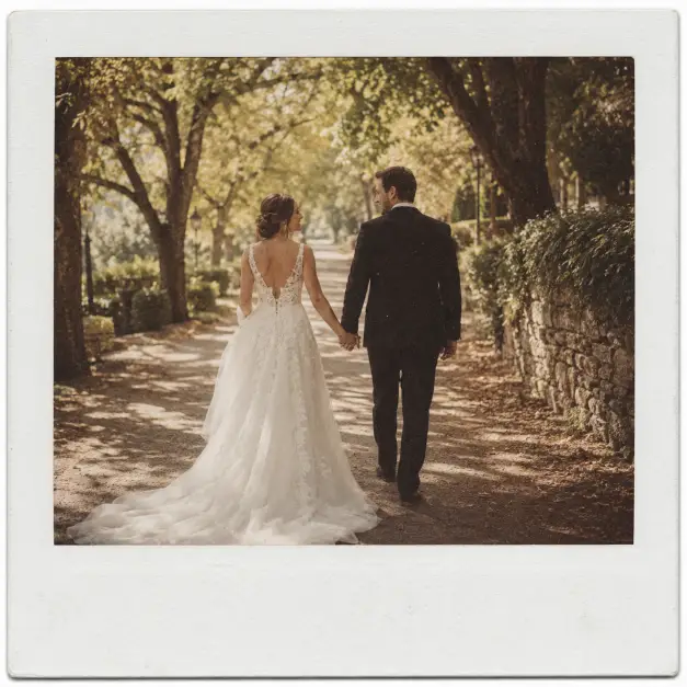 Create a Polaroid-style wedding photo of a bride and groom walking hand in hand away from the camera along a tree-lined path, both looking toward each other mid-step. The bride's gown has a long flowing train and the groom wears a classic black suit. The path is dappled with soft sunlight filtering through the leaves. The camera is at eye level capturing them from behind in a wide shot. Warm afternoon light with a faded vintage tone, soft film grain, and a thick white Polaroid border. Use aspect ratio 1:1.