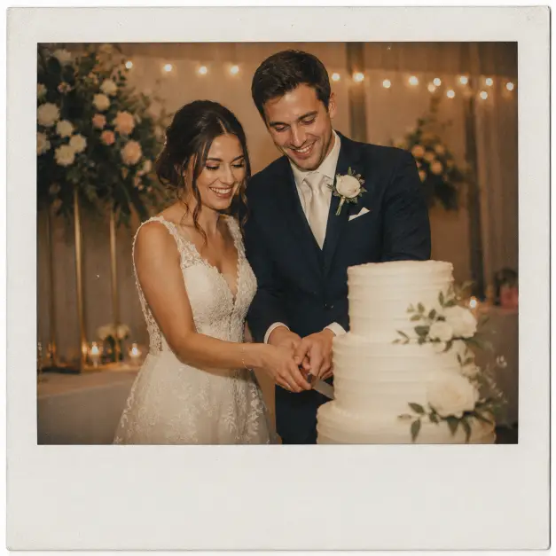 Create a Polaroid-style wedding photo of a bride and groom standing behind a tall white tiered wedding cake, both cutting it together with their hands joined on the knife. The bride is in a sleeveless lace gown and the groom wears a navy suit with a white rose boutonniere. The background shows soft string lights and blurred floral decorations. The camera is at eye level in a medium shot. Warm reception lighting with a cozy vintage tint, light film grain, and a white Polaroid border. Use aspect ratio 1:1.