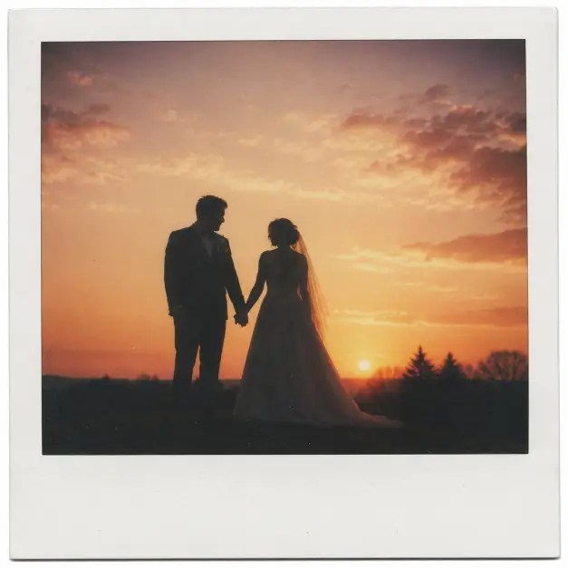 Create a Polaroid-style wedding photo of a bride and groom standing close together as silhouettes against a glowing sunset sky, the groom holding the bride's hand and looking toward her. They are standing on a small hill with a faint outline of trees in the distance. The camera is at eye level in a wide shot. The sky is filled with warm orange and soft pink tones, with the couple appearing as dark shapes, a faded vintage finish, gentle film grain, and a white Polaroid border. Use aspect ratio 1:1.