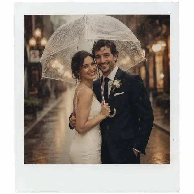 Create a Polaroid-style wedding photo of a bride and groom standing close under a clear umbrella in light rain, both smiling as raindrops fall around them. The bride is in a fitted ivory gown holding the umbrella, and the groom wears a dark suit with his arm around her. The background is a soft blurred street with warm glowing lights. The camera is at eye level in a medium shot. Soft overcast light with a moody vintage tint, fine film grain, and a white Polaroid border. Use aspect ratio 1:1.