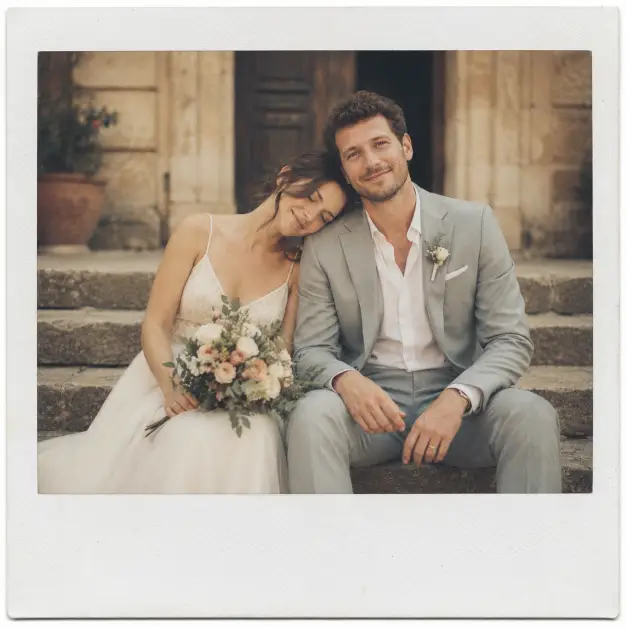 Create a Polaroid-style wedding photo of a bride and groom sitting side by side on stone steps, the bride leaning her head on the groom's shoulder with her bouquet resting in her lap. The bride wears a soft chiffon gown and the groom is in a light grey suit with the jacket open. The background shows a blurred old building entrance with warm tones. The camera is at eye level in a medium shot. Soft afternoon light with a faded vintage finish, gentle film grain, and a white Polaroid border. Use aspect ratio 1:1.