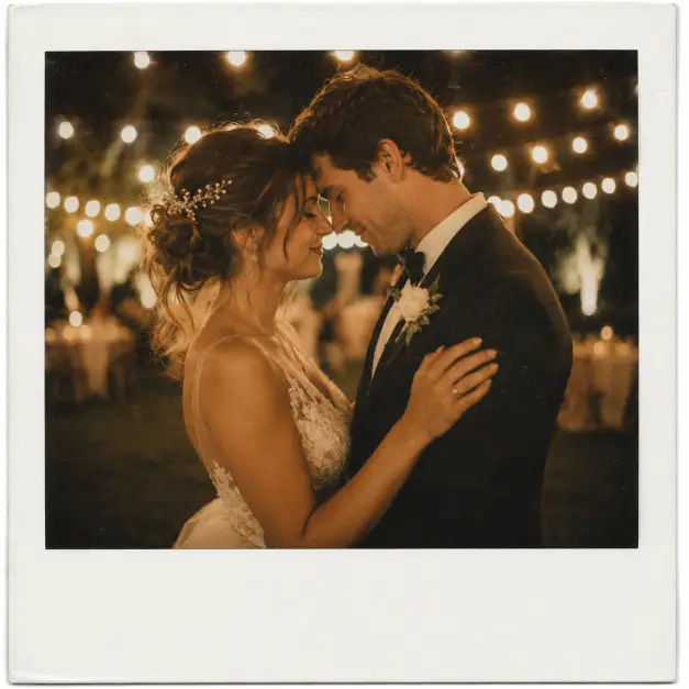 Create a Polaroid-style wedding photo of a bride and groom standing close together at night under a canopy of warm string lights, foreheads gently touching and eyes closed. The bride wears a flowing tulle gown and the groom is in a black tuxedo. The background is a dark blurred outdoor venue with glowing bokeh from the lights. The camera is at eye level in a close-up shot. Warm golden lighting with a soft glow, a faded vintage tone, visible film grain, and a thick white Polaroid border. Use aspect ratio 1:1.