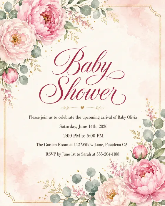 Create a complete baby shower invitation card for a baby girl, featuring soft pink and blush watercolor peonies, eucalyptus leaves, and tiny gold accents arranged in the top-left and bottom-right corners. The center of the card has elegant script typography reading "Baby Shower" as the main title in deep rose color. Below the title, the following text is fully written out in smaller serif type: "Please join us to celebrate the upcoming arrival of Baby Olivia" on one line, then "Saturday, June 14th, 2026" on the next, then "2:00 PM to 5:00 PM", then "The Garden Room at 142 Willow Lane, Pasadena CA", and at the bottom "RSVP by June 1st to Sarah at 555-204-1188". The background is a creamy ivory paper texture with very subtle pink wash. Composition is balanced and airy with plenty of white space. The overall mood is feminine, soft, and timeless. Studio-quality flat design with realistic watercolor textures and gold foil shine on the accents. Make sure all text is sharp, perfectly spelled, and clearly readable. Use aspect ratio 4:5.