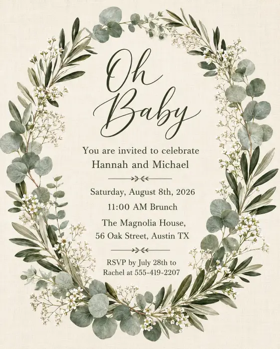 Create a complete gender neutral baby shower invitation with a wreath of fresh green eucalyptus leaves, olive branches, and tiny white wildflowers forming an oval frame around the center text. Inside the wreath, the full text is clearly written and readable. The top of the wreath shows "Oh Baby" in modern calligraphy. Below it in serif type: "You are invited to celebrate Hannah and Michael" on one line, then "Saturday, August 8th, 2026", then "11:00 AM Brunch", then "The Magnolia House, 56 Oak Street, Austin TX", and at the bottom "RSVP by July 28th to Rachel at 555-419-2207". Background is warm cream with a subtle linen paper texture. The mood is botanical, organic, and refined. Soft natural lighting effect, true to life leaf colors, balanced composition. Make sure all text is sharp, perfectly spelled, and clearly readable. Use aspect ratio 4:5.