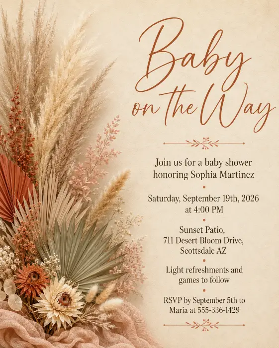 Create a complete boho baby shower invitation card featuring dried pampas grass plumes, terracotta dried florals, and small palm leaves arranged on the left side of the card. The right side holds the full invitation text. The headline reads "Baby on the Way" in a flowing handwritten script. Below it in clean serif: "Join us for a baby shower honoring Sophia Martinez" on the first line, then "Saturday, September 19th, 2026 at 4:00 PM" on the next, then "Sunset Patio, 711 Desert Bloom Drive, Scottsdale AZ", then "Light refreshments and games to follow", and at the bottom "RSVP by September 5th to Maria at 555-336-1429". The background is a soft sandy beige with a subtle textured paper feel. The color palette is rust, cream, sage, and dusty pink. The overall mood is warm, earthy, and bohemian. Natural soft lighting effect, organic composition. Make sure all text is sharp, perfectly spelled, and clearly readable. Use aspect ratio 4:5.