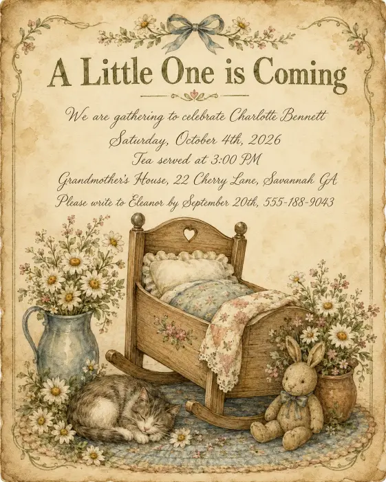 Create a complete vintage storybook baby shower invitation featuring a hand-painted illustration of a small wooden cradle surrounded by soft daisies and a sleeping cat. The headline "A Little One is Coming" appears in classic serif typography at the top. Below the headline, the full invitation text is handwritten in flowing script and reads: "We are gathering to celebrate Charlotte Bennett" on the first line, then "Saturday, October 4th, 2026" on the next, then "Tea served at 3:00 PM", then "Grandmother's House, 22 Cherry Lane, Savannah GA", and at the bottom "Please write to Eleanor by September 20th, 555-188-9043". The background looks like aged cream paper with very light coffee stains and subtle weathered edges. The color palette is muted sage, dusty pink, soft mustard, and faded blue. The overall mood is nostalgic, gentle, and storybook-inspired. Hand-drawn watercolor illustration style. Make sure all text is sharp, perfectly spelled, and clearly readable. Use aspect ratio 4:5.