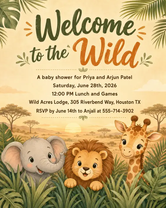 Create a complete safari themed baby shower invitation featuring cute hand-illustrated cartoon animals including a baby elephant, a giraffe, and a lion peeking from behind tall green grass and palm leaves at the bottom of the card. The top of the card reads "Welcome to the Wild" in bold playful script. Below the headline, the full text is clearly written in friendly sans serif: "A baby shower for Priya and Arjun Patel" on the first line, then "Saturday, June 28th, 2026" on the next, then "12:00 PM Lunch and Games", then "Wild Acres Lodge, 305 Riverbend Way, Houston TX", and at the bottom "RSVP by June 14th to Anjali at 555-714-3902". The background is a soft savanna beige with a faint sunset gradient. The color palette is warm tan, sage green, soft orange, and ivory. The overall mood is fun, adventurous, and child-friendly. Modern flat illustration style with soft shading. Make sure all text is sharp, perfectly spelled, and clearly readable. Use aspect ratio 4:5.