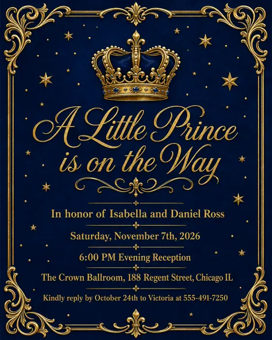 Create a complete royal prince themed baby shower invitation with a deep royal blue background and an elegant gold ornamental frame around the edges. A small detailed gold crown sits at the top center. The headline below the crown reads "A Little Prince is on the Way" written in ornate gold script. Below the headline, the full text is written in gold serif type and reads: "In honor of Isabella and Daniel Ross" on the first line, then "Saturday, November 7th, 2026" on the next, then "6:00 PM Evening Reception", then "The Crown Ballroom, 188 Regent Street, Chicago IL", and at the bottom "Kindly reply by October 24th to Victoria at 555-491-7250". Tiny gold stars and dot accents are scattered around the design. The overall mood is regal, elegant, and luxurious. Print-ready quality with realistic metallic gold foil effect and rich navy tones. Make sure all text is sharp, perfectly spelled, and clearly readable. Use aspect ratio 4:5.