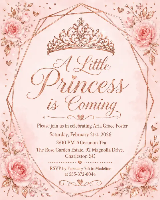 Create a complete princess themed baby shower invitation featuring a soft blush pink background with a rose gold geometric frame and accents. A delicate rose gold tiara sits at the top center with the headline "A Little Princess is Coming" in flowing rose gold script below. Below the headline, the full invitation text appears in smaller rose gold serif and reads: "Please join us in celebrating Aria Grace Foster" on the first line, then "Saturday, February 21st, 2026" on the next, then "3:00 PM Afternoon Tea", then "The Rose Garden Estate, 92 Magnolia Drive, Charleston SC", and at the bottom "RSVP by February 7th to Madeline at 555-372-8044". Small rose gold dots, hearts, and tiny floral accents decorate the corners. The overall mood is dainty, elegant, and feminine. Print-ready quality with realistic rose gold foil shimmer. Make sure all text is sharp, perfectly spelled, and clearly readable. Use aspect ratio 4:5.
