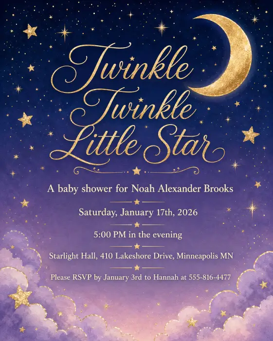 Create a complete baby shower invitation card with the theme "Twinkle Twinkle Little Star" featuring a soft twilight gradient background going from deep navy at the top to lavender at the bottom. A large golden crescent moon sits in the top right with scattered gold stars across the sky. The headline "Twinkle Twinkle Little Star" appears in elegant gold script in the center. Below the headline, the full text is written in cream serif type and reads: "A baby shower for Noah Alexander Brooks" on the first line, then "Saturday, January 17th, 2026" on the next, then "5:00 PM in the evening", then "Starlight Hall, 410 Lakeshore Drive, Minneapolis MN", and at the bottom "Please RSVP by January 3rd to Hannah at 555-816-4477". The mood is dreamy, magical, and calm. Print-ready quality with metallic gold accents. Make sure all text is sharp, perfectly spelled, and clearly readable. Use aspect ratio 4:5.